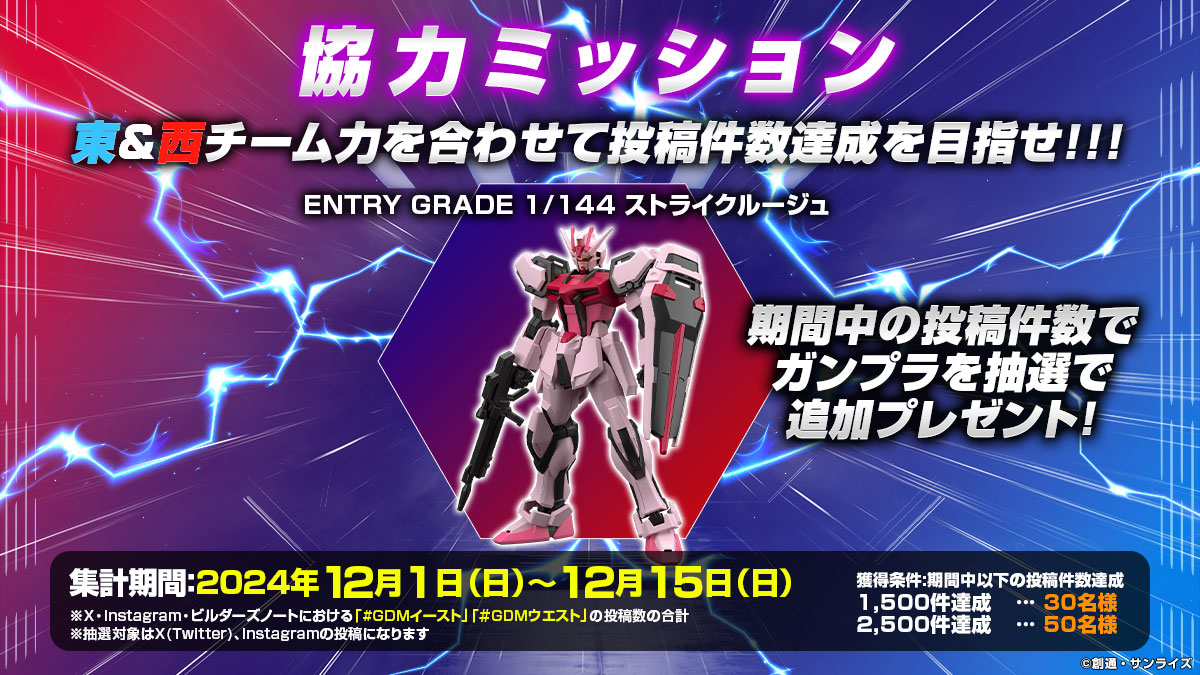 協力ミッション 東&西チームを合わせて投稿件数達成を目指せ!!! ENTRY GRADE 1/144 ストライクルージュ 期間中の投稿件数でガンプラを抽選で追加プレゼント!集計期間:2024年12月1日(日)～12月15日(日)※X・Instagram・ビルダーズノートにおける「#GDMイースト」[#GDMウエスト]の投稿数の合計 ※抽選対象はX(Twitter)、Instagramの投稿になります 獲得条件:期間中以下の投稿件数達成 1,500件達成…30名様 2,500件達成…50名様