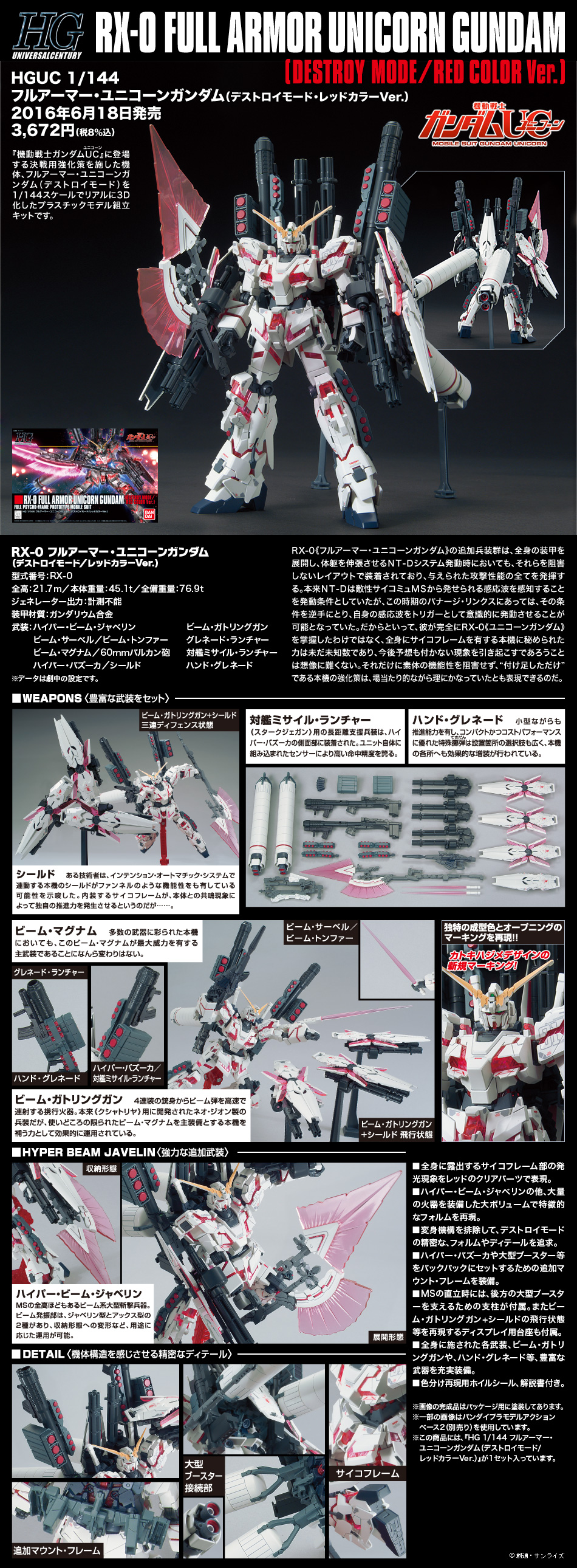 HGUC 1/144 No.199 RX-0 Full Armor Unicorn Gundam[Destroy Mode]